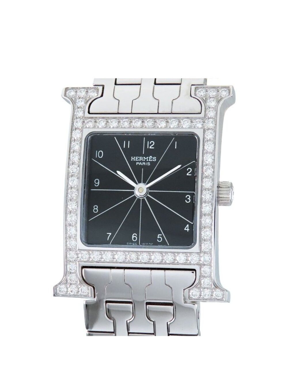 Hermes Watch Black SS Diamond Bezel Quartz